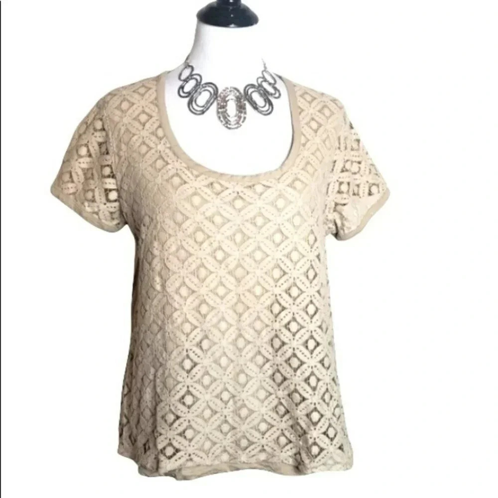Jones New York Signature Lace Front Top XL Tan Beige‎ Scoop Neck Short Sleeve